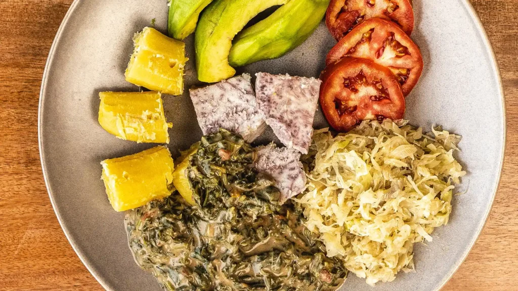 yams, matoke, dod greens with gnut, cabbage, avo tomatoes